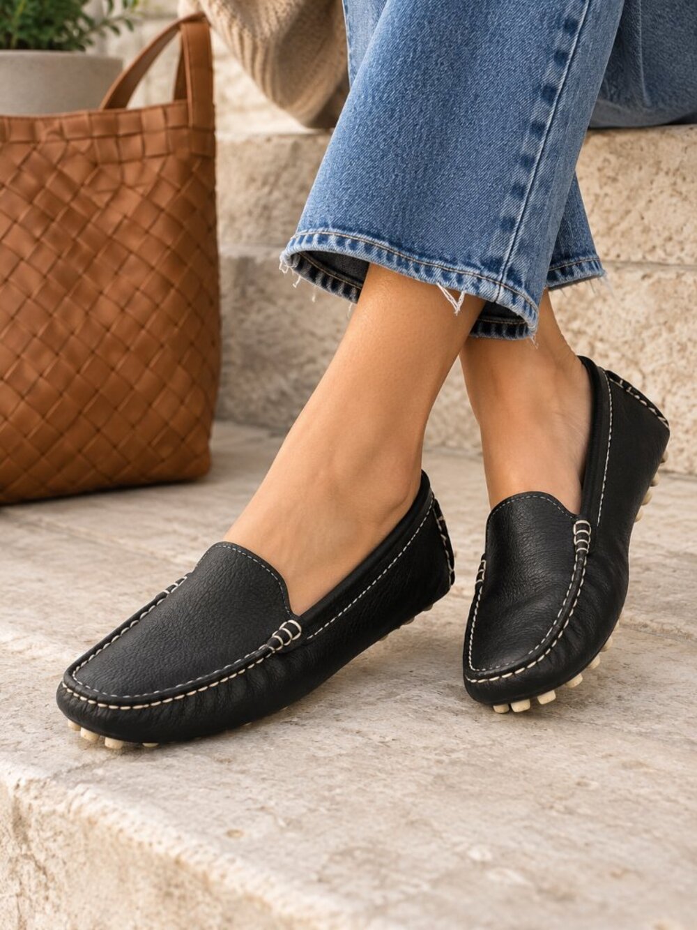 Sperry Port Driver Womens 8.5 Black Leather Loafers Driving Moc Preppy Coast1514